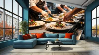 A chef is preparing a meal for a group of people Wall mural