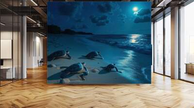 A group of turtles are laying on the beach at night Wall mural