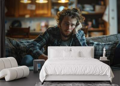 A man sitting on a couch with a pile of money in his hand Wall mural