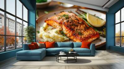 A plate of salmon with mashed potatoes and asparagus Wall mural