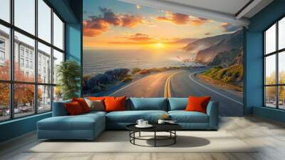 A road with a sunset in the background Wall mural