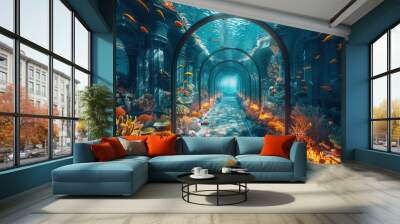 A tunnel with a blue background and fish swimming in it Wall mural