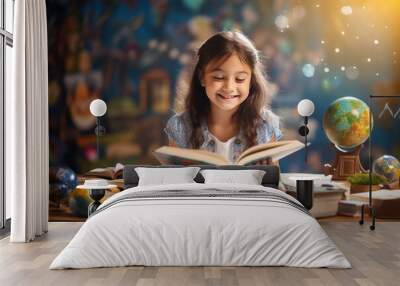 Cute children baby girl smiling and reading book in living room at home night lighting. Education learning at home concept. Generative by AI. Wall mural