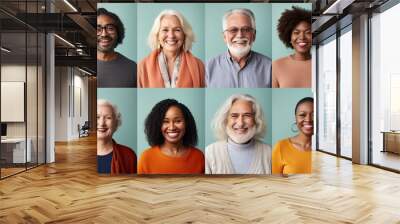 Set of Diversity Senior adult Retirement people face expression. Multiracial group of happy positive elderly people men and women smiling look at the camera. Generative by AI. Wall mural