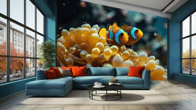 Two orange and white fish swimming in a sea of yellow flowers Wall mural