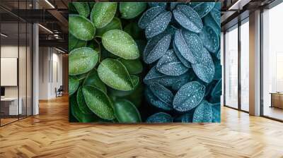 Two sets of leaves, one green and one blue, with a frosty appearance Wall mural