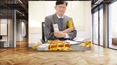 Illustration of a businessman working hard with gold bars, assessing investments and transactions in a financial office, demonstrating asset allocation and precious metals trading strategies. Wall mural