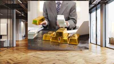 Illustration of a businessman working hard with gold bars, assessing investments and transactions in a financial office, demonstrating asset allocation and precious metals trading strategies. Wall mural