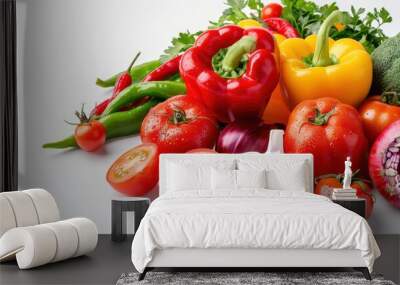 22. Assorted raw vegetables ready for cooking on a white background Wall mural