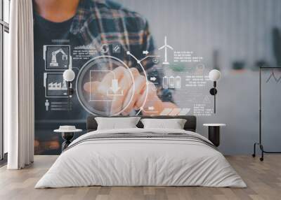 Data Economy and alternative energy, Sustainability.Male farmer pressing the download button for energy consumption data.The data proportion of energy use in various fields. Wall mural