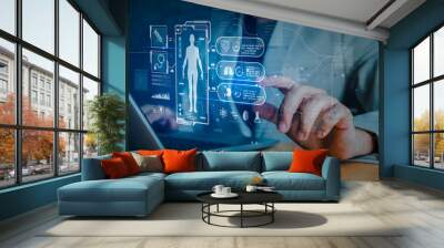 Medical technology and futuristic concept.Digital healthcare and network on modern virtual screen.Health Check with digital system support for patient with medical icon at hospital.Global health care. Wall mural