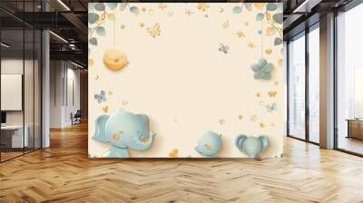 A baby elephant is sitting on a bed with two other elephants Wall mural