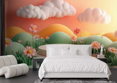 A beautiful scene of a field with a large white pedestal in the middle Wall mural