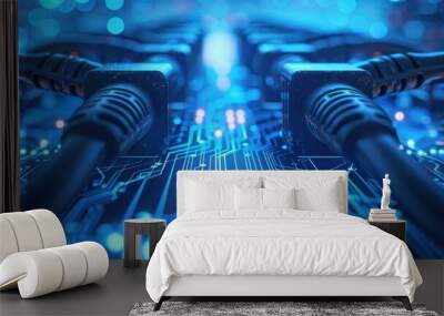 A blue and white image of a computer circuit board with wires and connectors Wall mural