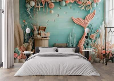 A blue room with a mermaid tail and a wooden chest Wall mural