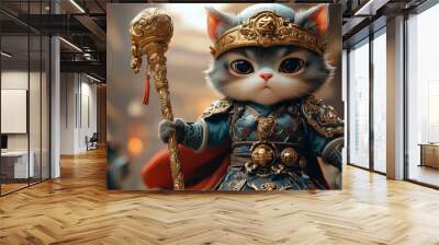 A cat with a sword in its hand and a crown on its head Wall mural