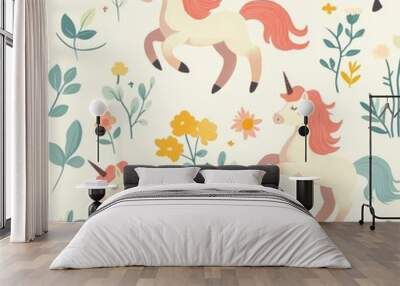 A colorful illustration of three unicorns in a field of flowers Wall mural