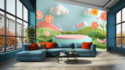 A colorful scene of a garden with a large, round stage in the middle Wall mural