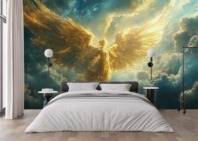 A golden angel is flying through the sky above a cloudy backdrop Wall mural