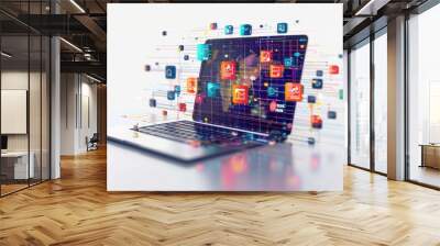 A laptop screen shows a complex web of icons and symbols Wall mural