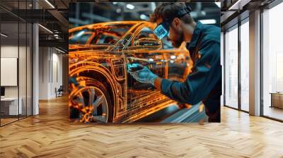 A man in a black shirt is working on a car with a VR headset on Wall mural