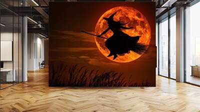 A witch flying on a broomstick over a full moon Wall mural