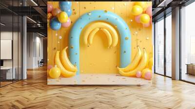 A yellow and blue archway with bananas and balloons Wall mural