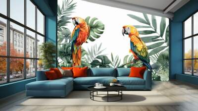 Two parrots are perched on a branch in a lush green jungle Wall mural