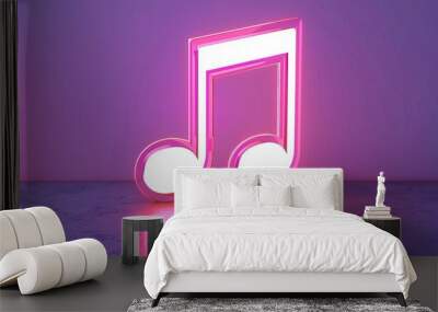 3D music note icon, white and pink neon lights on a purple background, minimalistic design with soft shadows, high resolution photography in the style of minimalistic design Wall mural