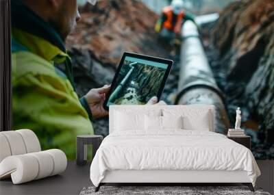 A professional engineer using a tablet to document the construction of underground water pipes Wall mural