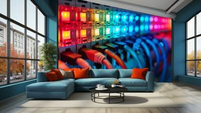 A row of colorful LED lights illuminate the control panel in a data center Wall mural