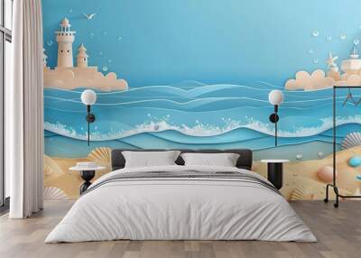 Beach background with sandcastles and starfish in the style of paper cut vector illustration Summer beach landscape banner template with copy space for text Top view of sea waves. Summer concept. Wall mural