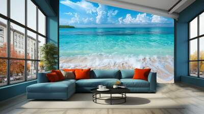 Beautiful white sand beach with blue sky and turquoise water, clear ocean background Summer vacation concept Wall mural