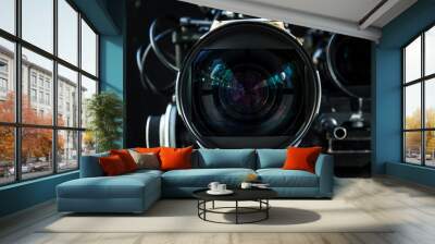 Close up shot of cinema lens with lot of equipment for filming cinema or movie in a division filming. Cinema lens. Photo lens. Wall mural