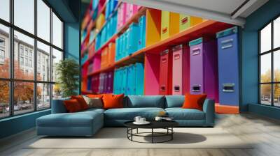 Colorful filing boxes arranged neatly on a shelf, showcasing organization and vibrant office decor. Wall mural