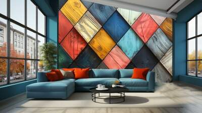 Colorful wooden diamonds with a wood grain texture background An abstract background of a colorful geometric pattern made from different colored wooden planks in the style of a wal Wall mural