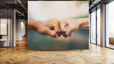 Man giving fist bump in nature background. power of teamwork concept. vintage tone Wall mural