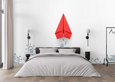 Red paper plane and business strategy on white background, Business success, innovation and solution concept Wall mural