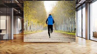 sport man running outdoors in off road trail ground with trees under beautiful Autumn sunlight Wall mural