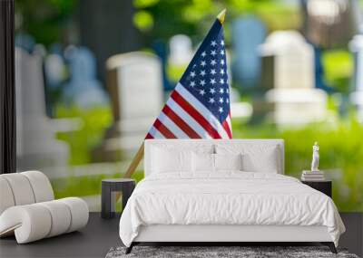 American flag at cemetery on sunny day for memorial Wall mural