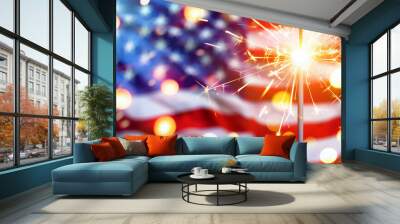 American flag with fireworks and bokeh lights Wall mural