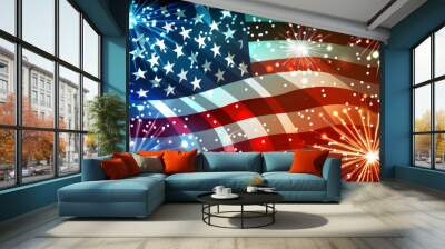 American flag with fireworks and colorful lights background Wall mural