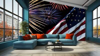 American flag with fireworks in the night sky Wall mural