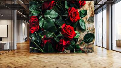 bouquet of red roses on wooden background Wall mural