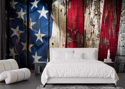 Weathered American flag painted on wooden planks Wall mural