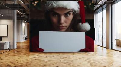 A female Santa Claus. A person holding a white piece of paper and holding it up in front of body. Can write any character or symbol. Smile, anger, serious expression. Wall mural