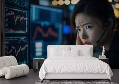 Asian female stock trader, currency exchange, crypto currency, investor, copy space, struggling with head in hands

 Wall mural