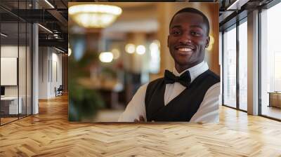 Black male hotel staff, copy space, smiling
 Wall mural