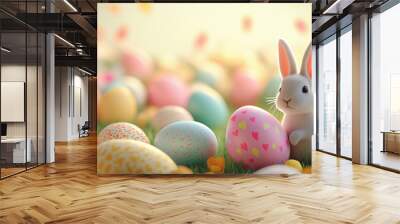 Easter eggs and rabbits, copy space Wall mural