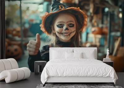 White female dressed for Halloween, copy space, smiling and giving a thumbs up Wall mural